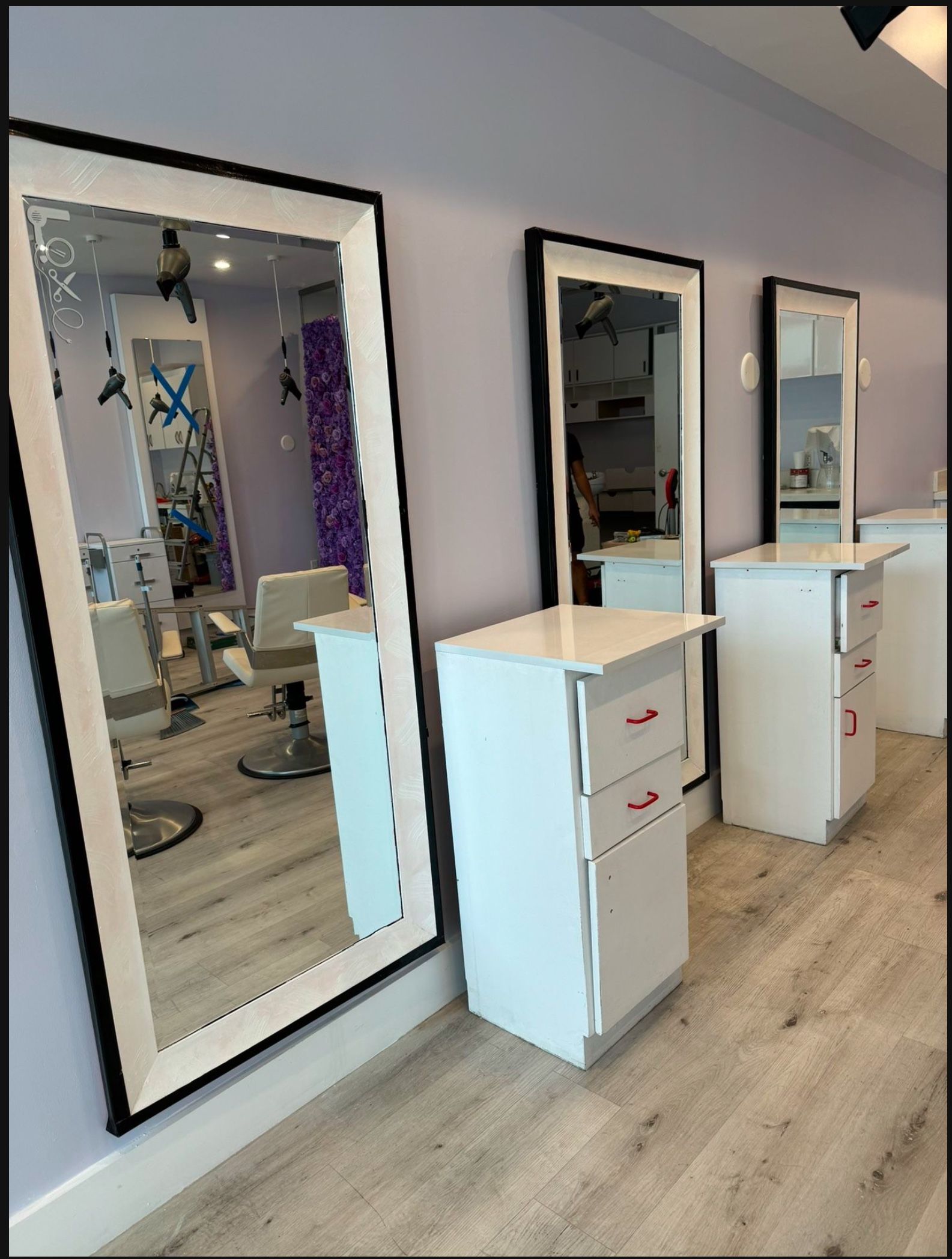 THREE SALON MIRRORS AND FREE HAIR SALON ITEMS