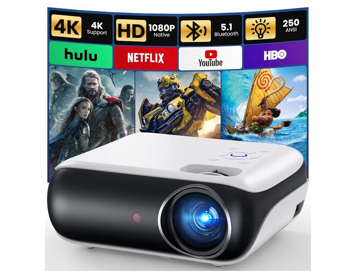HAPPRUN Native 1080P Bluetooth Projector, Full HD Portable Outdoor Movie Projector with Built-in Speaker, Compatible with Smartphone, HDMI, USB, AV, F