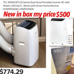 2&1 A/C heater New in box TCL 10000 BTU Q-Series Dual Hose Portable Inverter AC with Heater, 450 Sq.Ft., Works with Smart Home Devices (H10PDH56W), H1