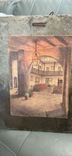 Vintage Courtyard Scene Drawing on Board