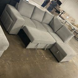 Black Friday Floor Model Sale! Grey Fabric Sleeper Sectional With Storage And Stools