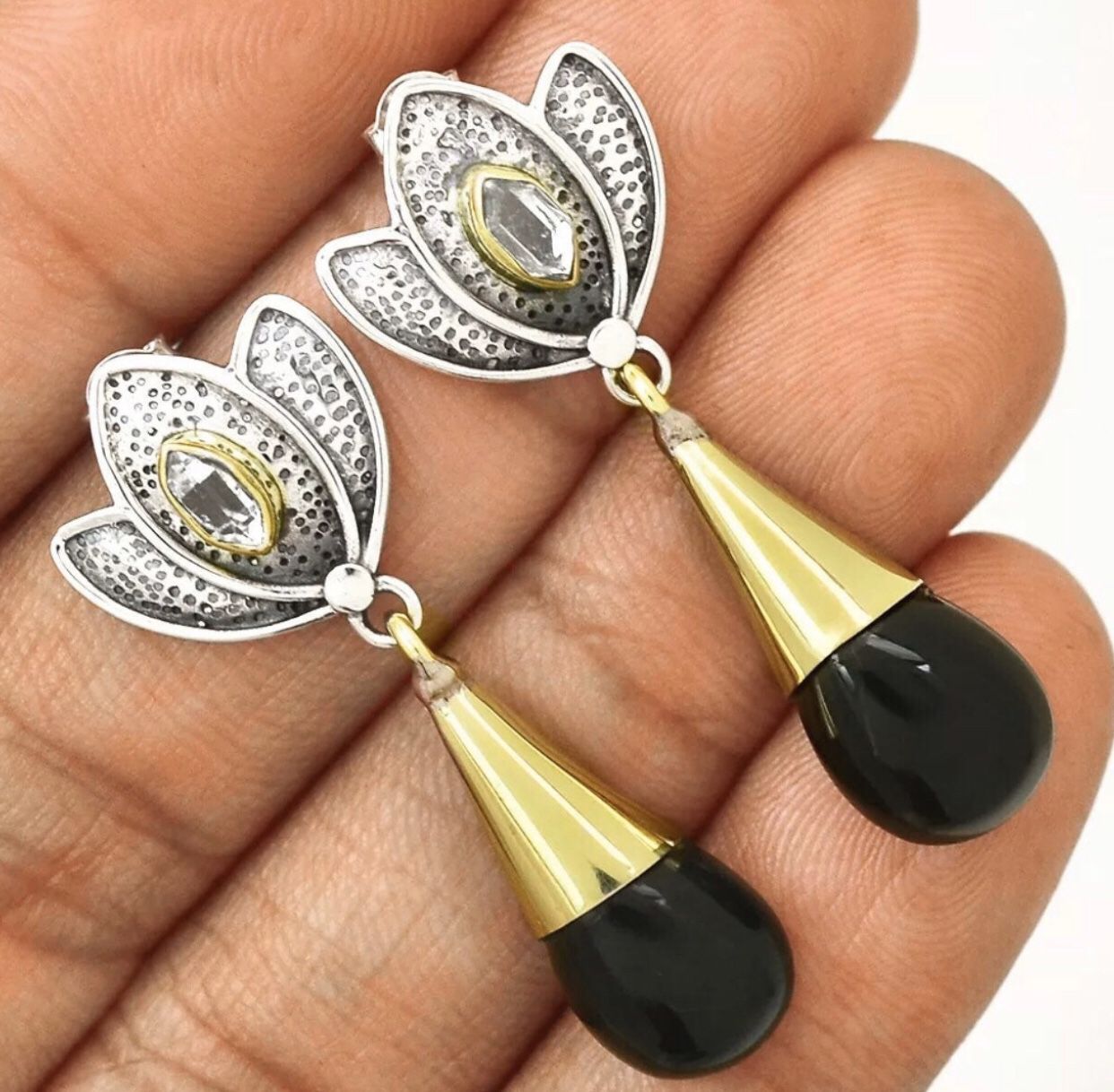Two-Tone Lotus Black Onyx-Brazil & Herkimer Diamond 925 Earrings