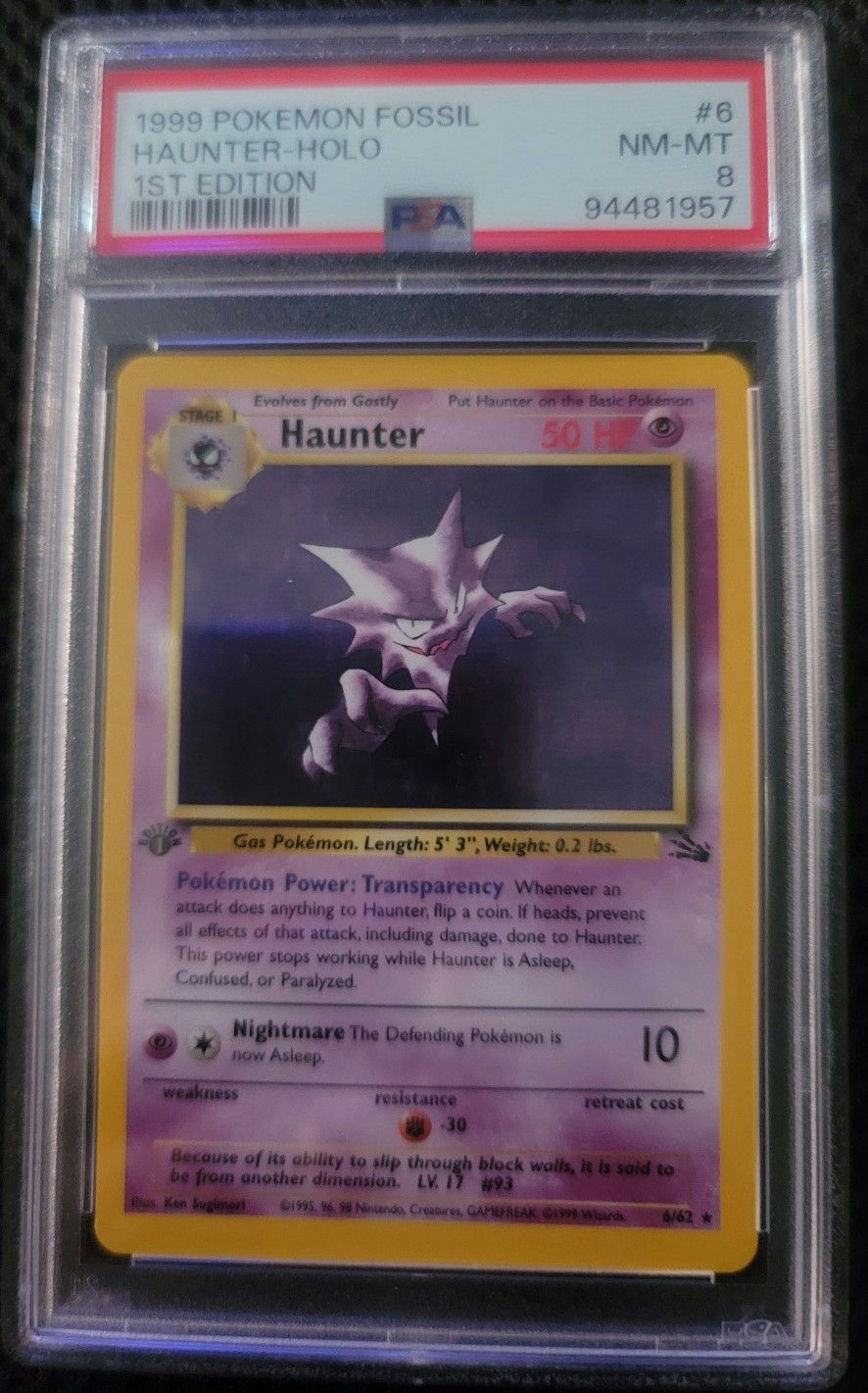 1999 HAUNTER 1st Edition RARE POKEMON Card FOSSIL Holo 6/62 PSA 8