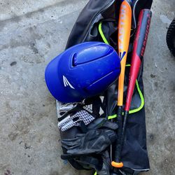youth baseball bag, batting gloves, helmett and 2 bats