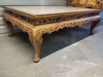 Large Ornate Coffee Table, Asian Inspired, marble-like top