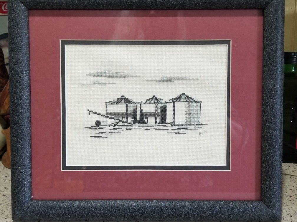 Vintage Needlepoint Industrial Storage Oil or Gas Silos cross-stitch picture under glass framed, wall hanging