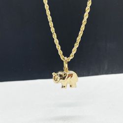 14k Solid  Rope Chain Diamond Cut And Elephant Charm, Pendant  Gold Necklance