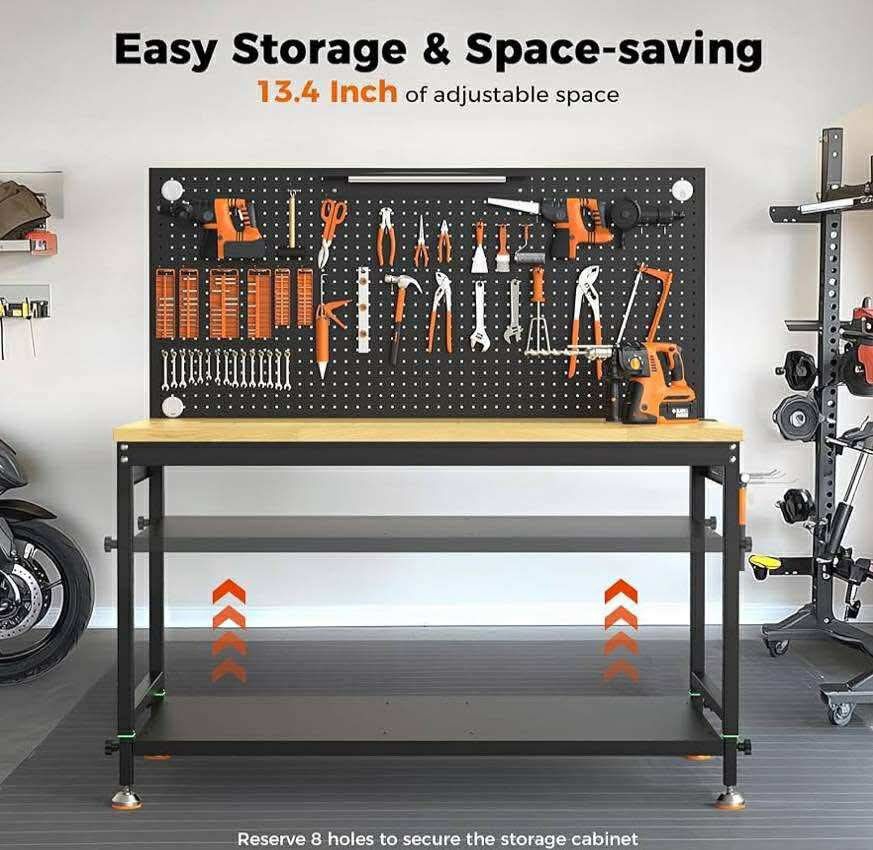 48" Heavy Duty Work Bench Adjustable Height Max Load 2000 LBS with Storage Shelf for Garage Workbench, Rubberwood Tabletop with Pegboard, LED Light, B