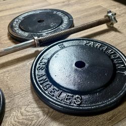 Los Angeles Paramount / Hollywood Standard Plates (plus 10s and 5s)  & 6 ft Standard Gently Used Bar [Total: 100 lbs].