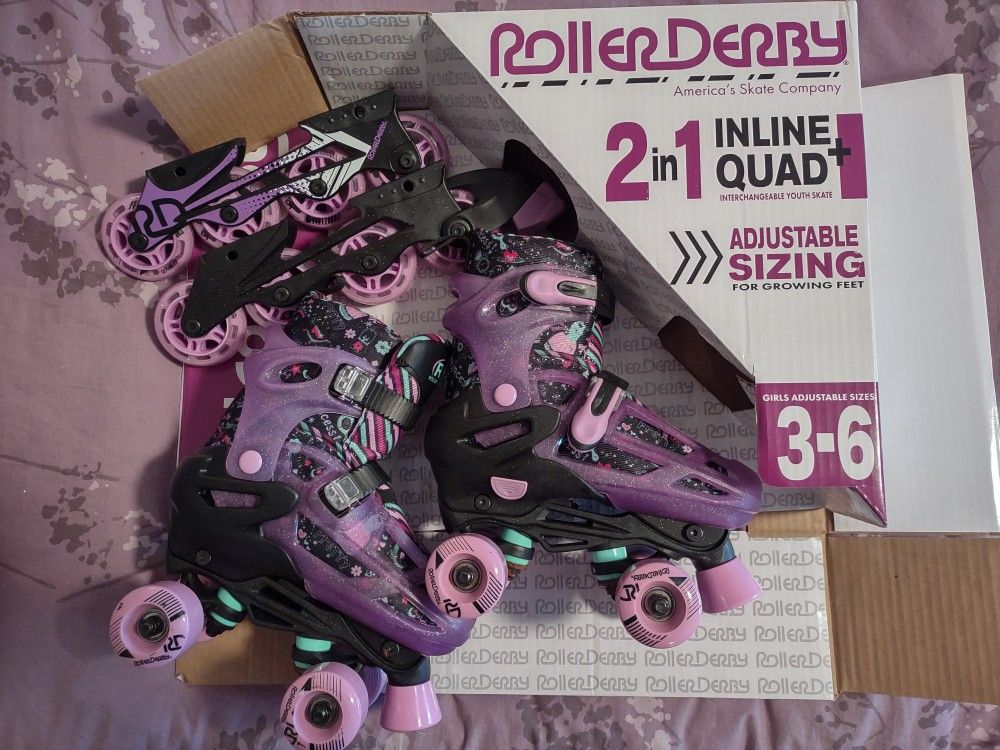 Roller Derby 2 in 1 Inline + Quad Interchangeable Youth Skate Size 3 - 6