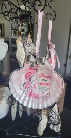 🎀 Handmade Breast Cancer Awareness "Stronger Than Cancer" Scallop Shell Ornament