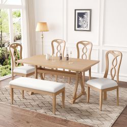 6-Piece Trestle Dining Table Set with Upholstered Dining Chairs and Dining Bench, Smooth Dining Backs for Dining Room, Living Room, Kitch