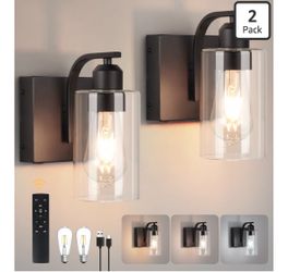 BELS 8 Inch Battery Operated Wall Sconces Set of 2, Farmhouse Wall Lights Fixture with Clear Glass, 4000K, Remote Control, Dimmable, Black Wall Sconce