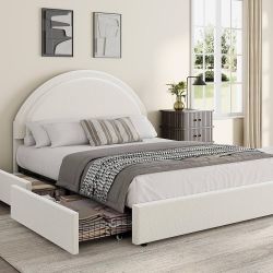 *Brand New* Full Size Boucle Upholstered Platform Bed Frame, White