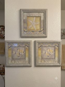 Wall art Set of 3 Framed Coastal Wall Art Prints — “Ocean” & “Beach”
