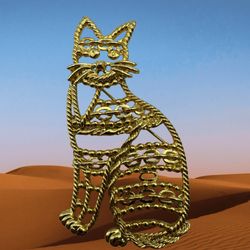Vintage AJC Gold Tone Cat Brooch Pin With Rope & Link Pattern 2-7/8" X 1-1/2”