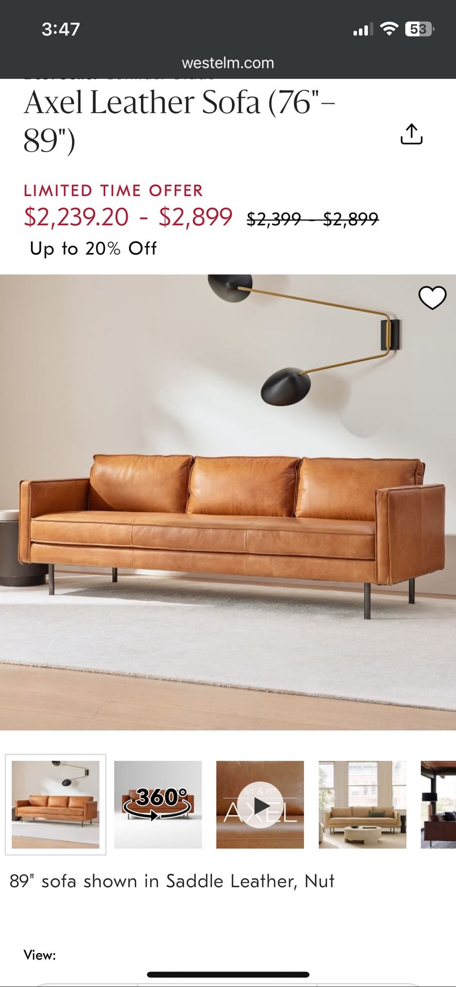 West Elm Axel Leather Sofa 89”