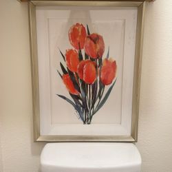 Framed Tulip Watercolor Print – Silver Frame, White Mat