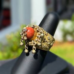 Vintage Jewelry .925 sterling silver coral 1.00CTW Chinese Gilt Inlay Ring size 9.00