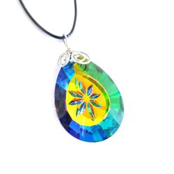 Rainbow teardrop large crystal pendant on 20" black cord necklace new