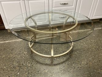 Textured Steel Ring Base Round Glass Top Coffee Table