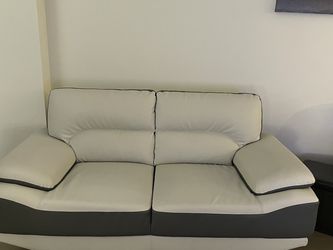 Grey and White Leather Loveseat Couch