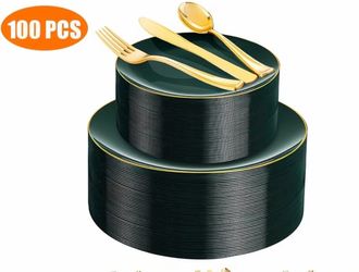 100PCS Green & Gold Disposable Dinnerware Set