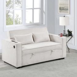 Corduroy Sofa Bed With USB Charging Port And Cup Holders