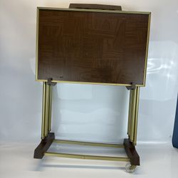 VTG Mid Century Modern MCM Set of 3 Faux Wood Metal TV Tray Tables w/ Stand READ