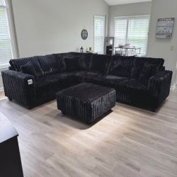 Brand New Black Fluffy Sectional with ottoman