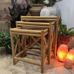 Vintage Set of 3 Nesting Natural Rattan Bentwood Bamboo Glass Side Accent Tables Stacking 
