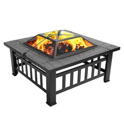 B854 $80  Fire Pit Table 32 in. Square Metal Firepit Stove Backyard Patio Garden Fireplace for Camping, Outdoor Heating, Bonfire  With a basin mouth d