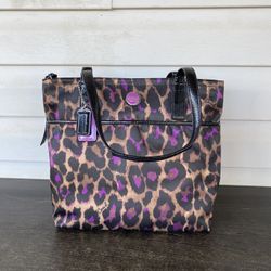 Coach F25282 Signature Sateen Ocelot Print Tote Bag Purse Black Purple NWT