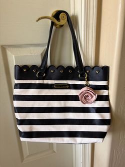 Betsey Johnson Black & White Scalloped Striped Tote Bag with Pink Rose Charm