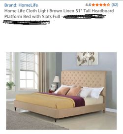 Full size bed frame and headboard tan Linen 51" Tall Headboard Platform Bed with Slats Full
