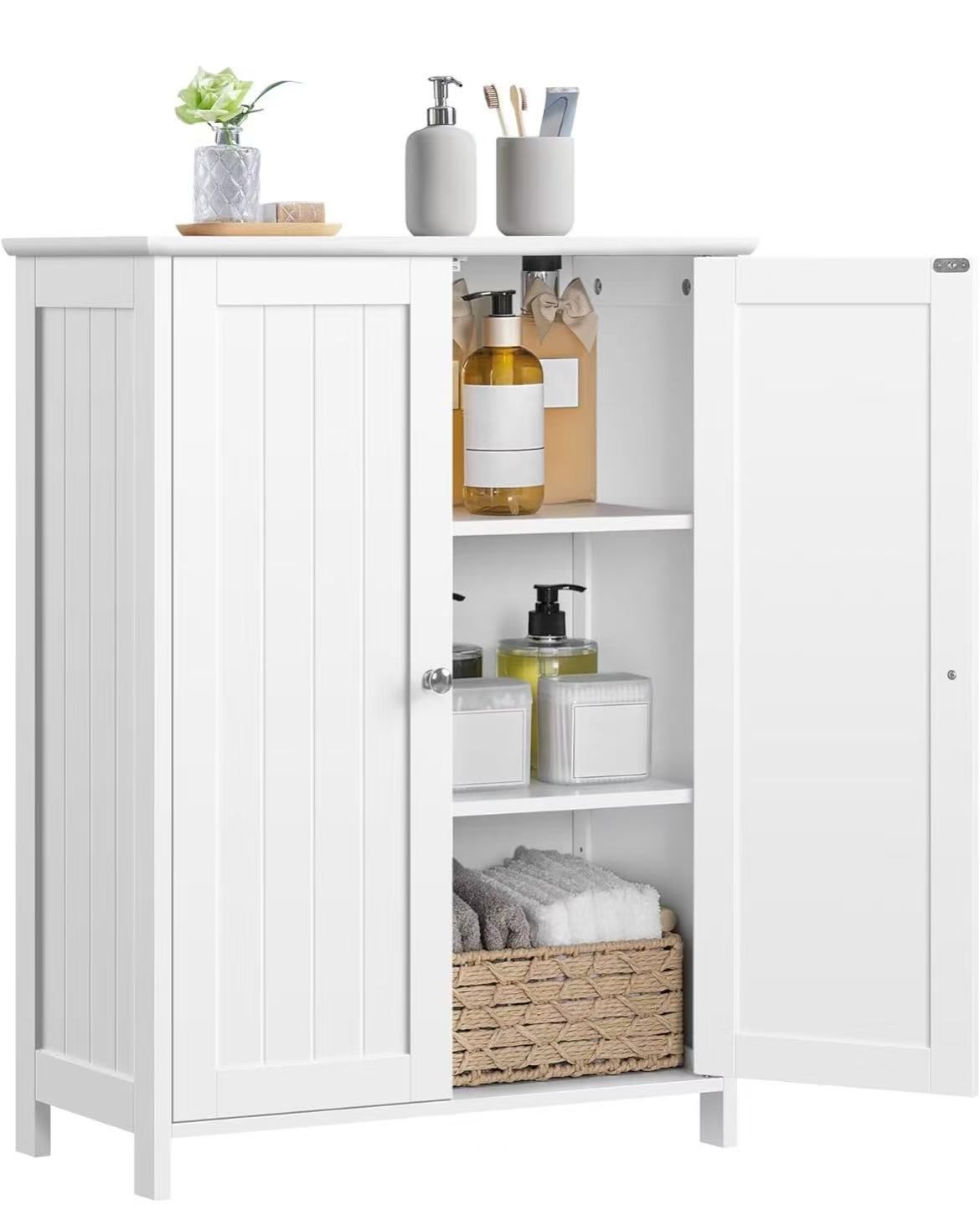 Bathroom floor cabinet, modern independent organizer cabinet with adjustable shelves and double doors, 3-tier living room furniture, white color $ 50