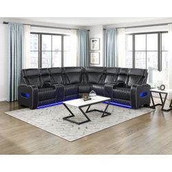 Brand New Black Synthetic Leather 3-Piece Power Reclining Sectional with Consoles, Power Headrests, Storage Arms(Top and Side), Cup holders, Charging 