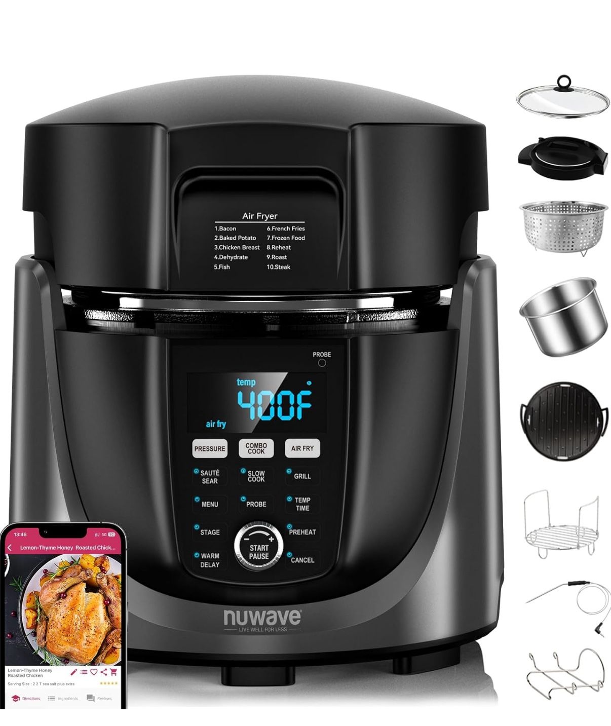 Nuwave Duet Electric Pressure Cooker & Air Fryer Combo, 450 IN 1 Slow Cooker & Grill with Integrated Digital Temp Probe, 6qt SS Pot, Adjustable High/L