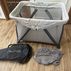 Nuna Sena Aire Playard Gray Beige Portable Crib Travel Cot + Bag MINT 