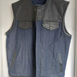 Men's Leather And Denim Vest