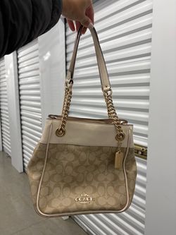 Coach Signature Khaki & Cream Tote Bag with Gold Chain Straps