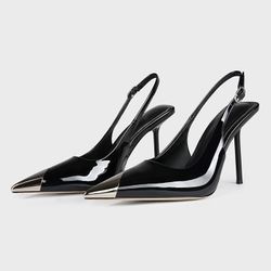 Women's Black(9 1/2) Elegant black Patent Leather Open-Back  With 4-Inch Stiletto Heel Pointed Toe Design ‌Non-Slip
