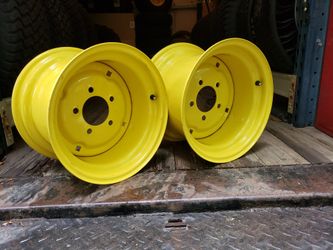 Pair of 12" dia. 5-lug JD yellow 12x8.5 lawnmower wheel with 5/4.5 lug pattern,
 *Made in the USA*