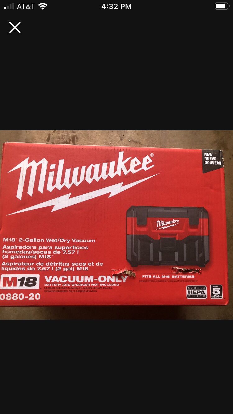 Brand New Milwaukee M18 18-Volt 2 Gal. Lithium-Ion Cordless Wet/Dry Vacuum (Vacuum-Only)