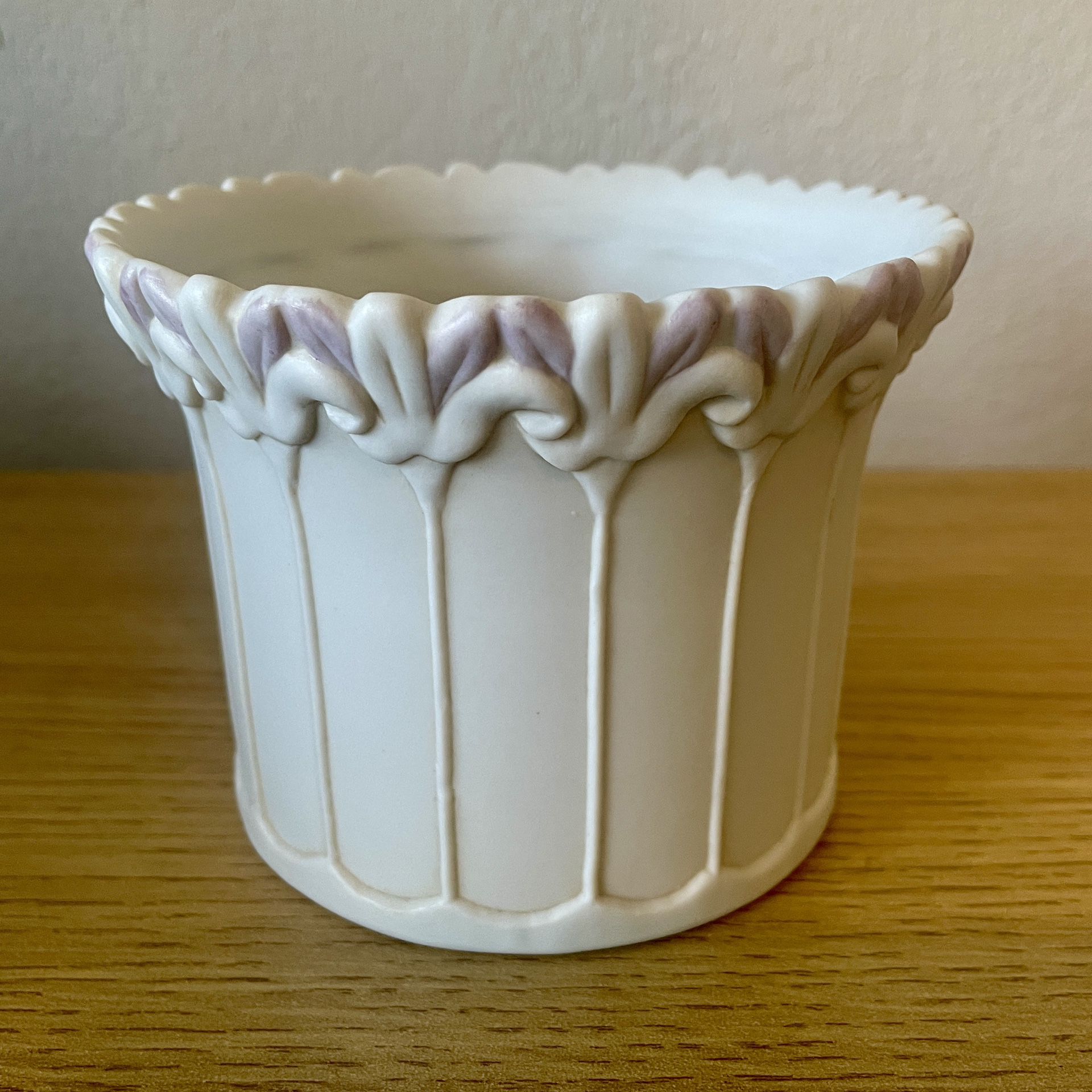 Vintage Matte White Porcelain Planter Pot Cache  Pot With Light Purple Petals Spring Easter