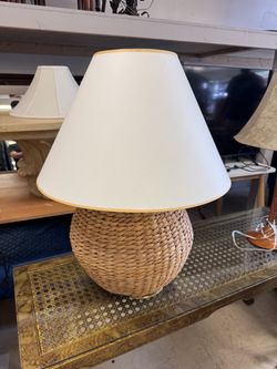 Woven Rattan Table Lamp with White Shade