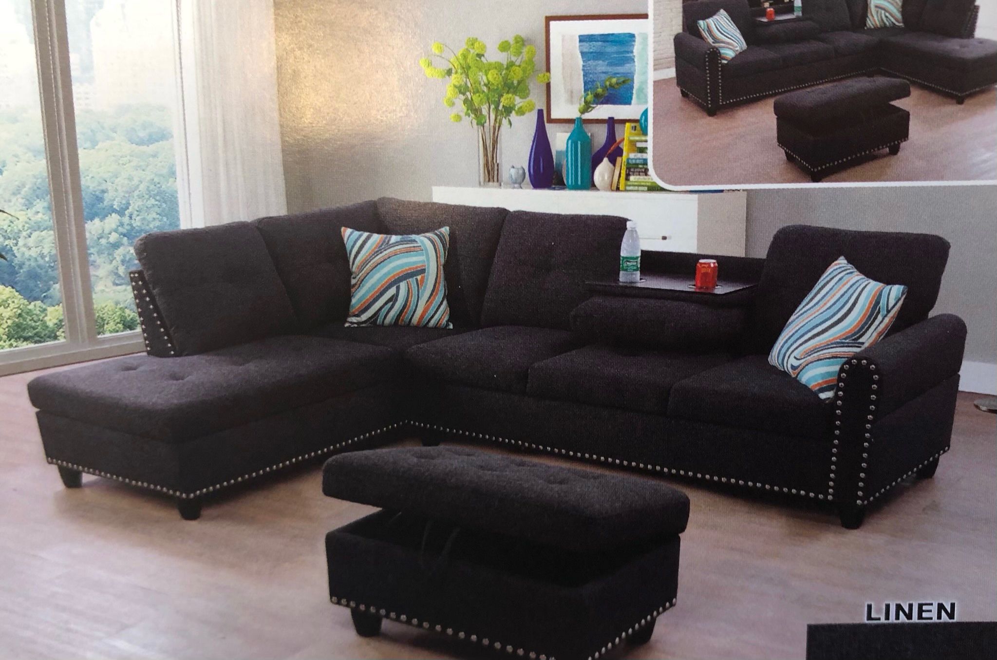 Black Linen Sectional Couch With Drop Down Table 
