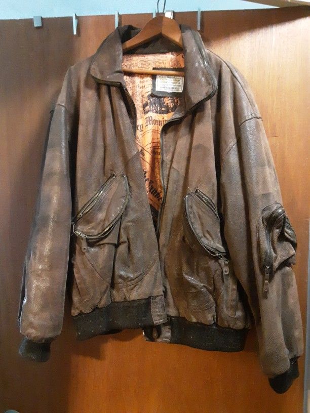Men's Distressed Heavy Leather Bomber Jacket