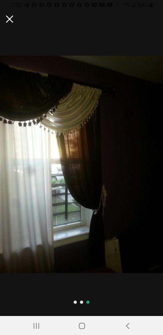 Window Curtains And Drapes, Brown and White  With Mounting Hardware