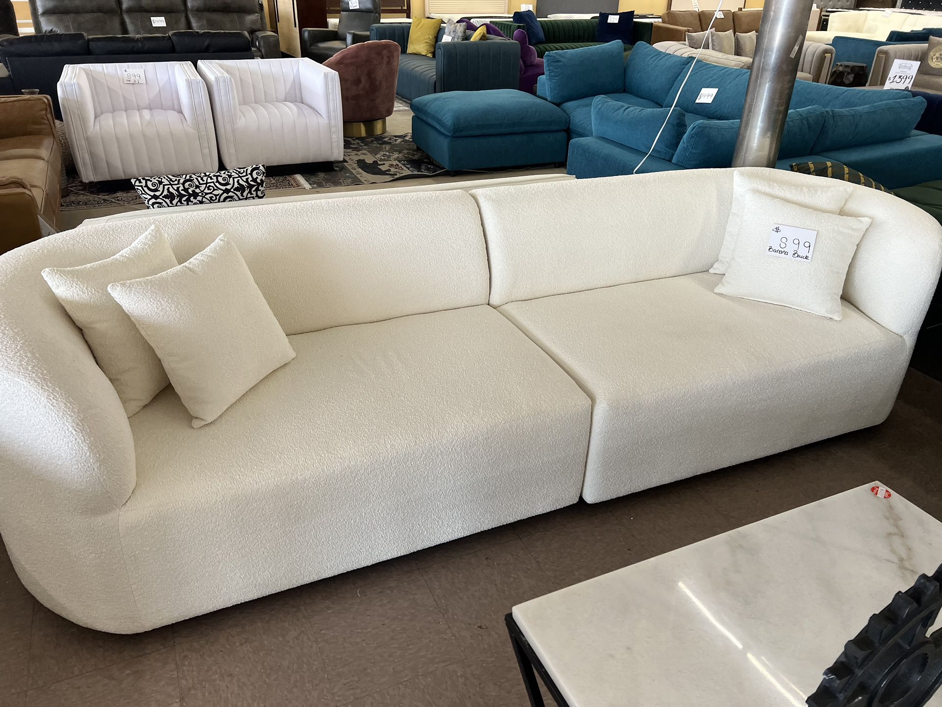 White Boucle Fabric Sectional Sofa With Four Pillows Included 